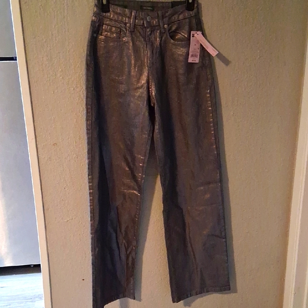 Metallic Silver Wide-Leg Jeans